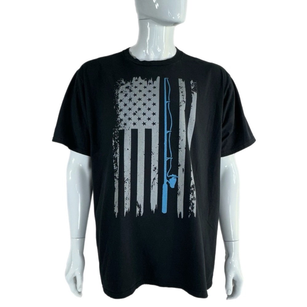 Men’s American Flag Fishing Pole Vintage Print Black Tee